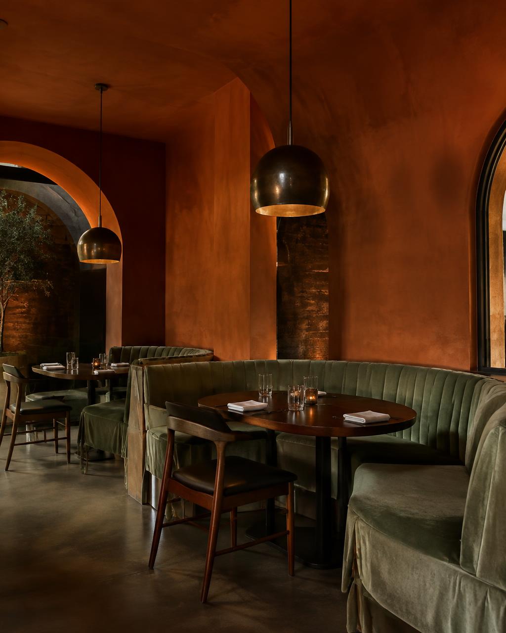 Restaurant interior with terracotta walls and sage banquettes