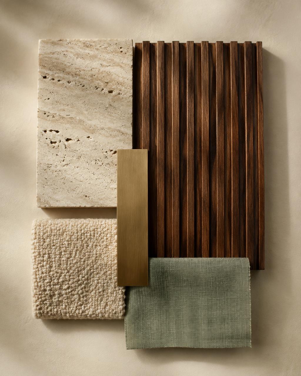 Material samples of stone, timber, fabric and bronze
