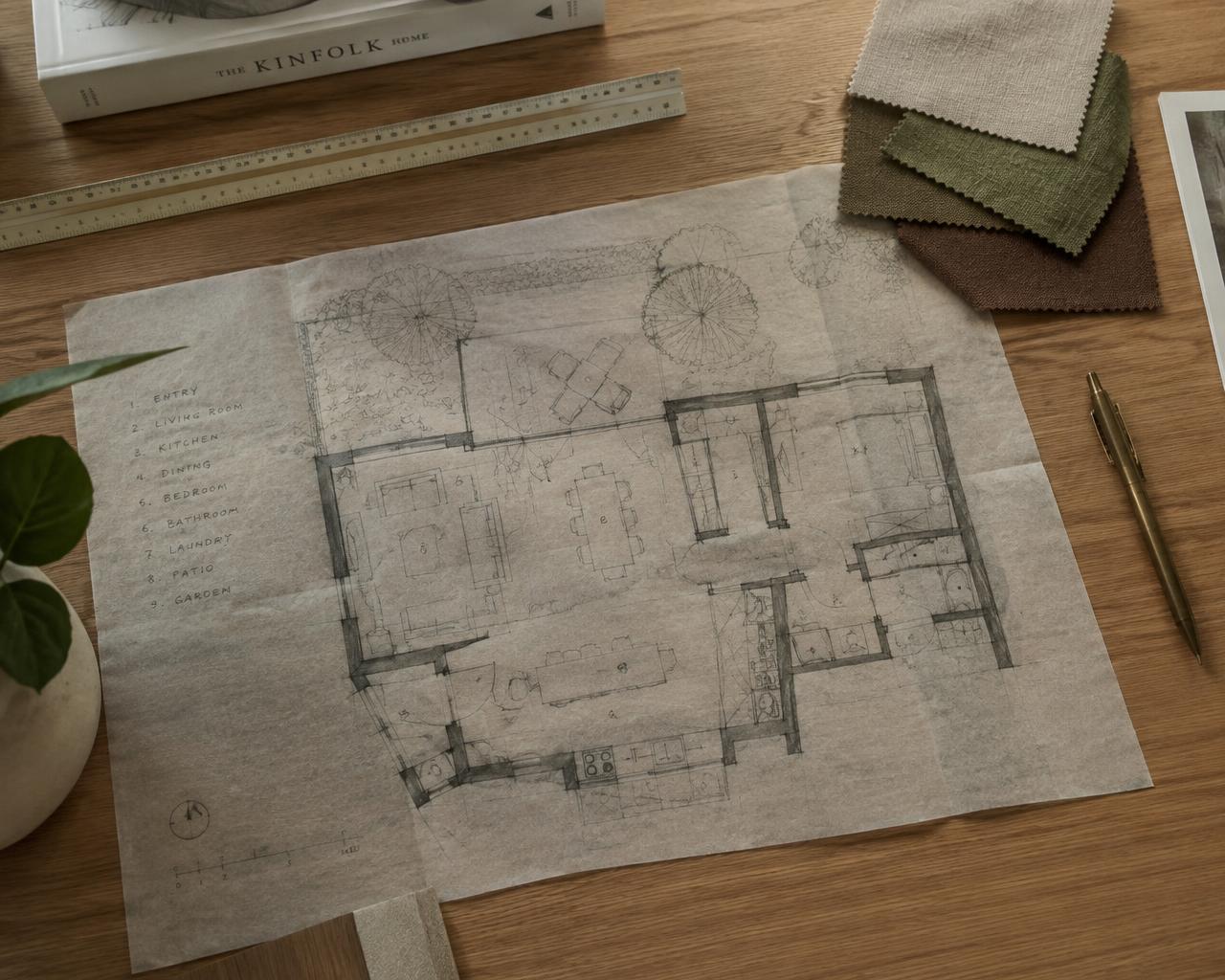 Hand-drawn floor plan with fabric swatches on an oak desk