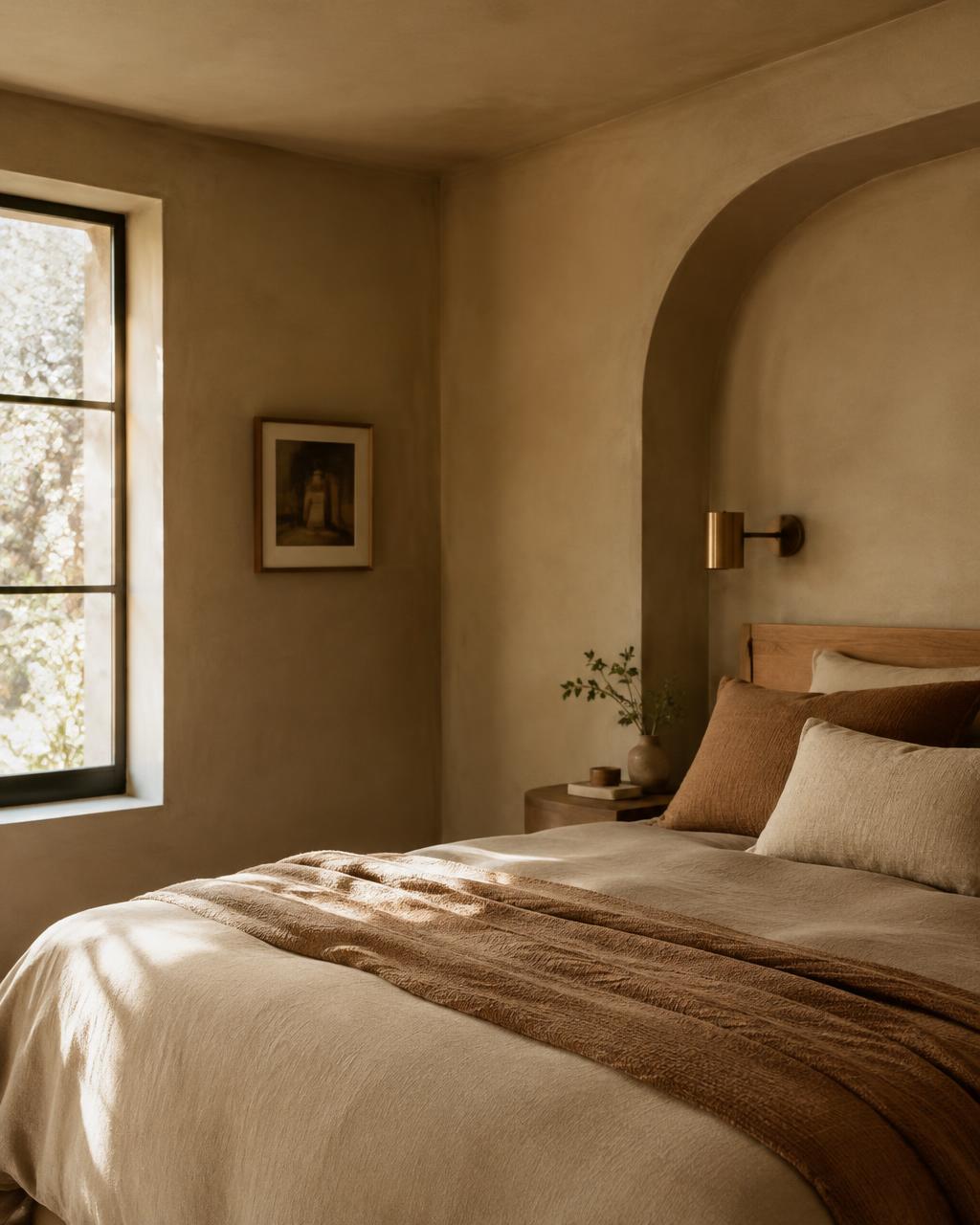 Warm, quiet bedroom interior with arched niche